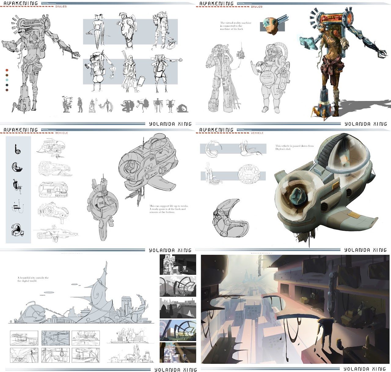Concept sheets: character turnarounds, mechanical parts, a skull-like vehicle, and environment sketches.