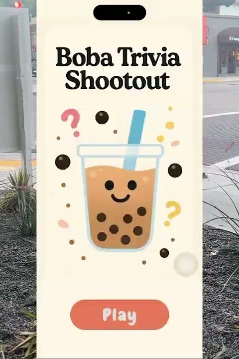 The Boba Trivia Shootout start screen on a phone, over a Pasadena street.