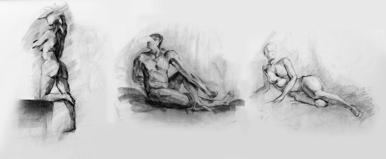 Three charcoal figure studies: a standing figure, a reclining figure, and a figure lying down.