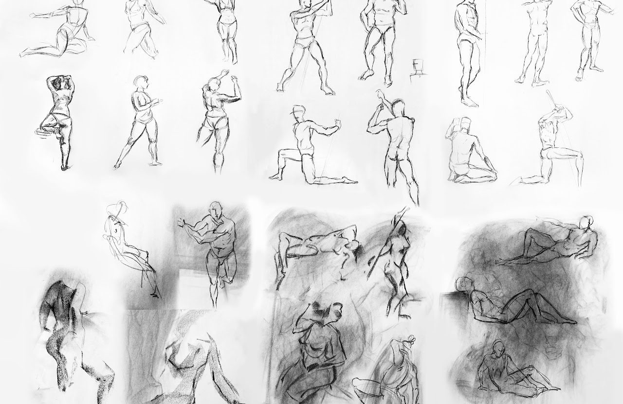 A page of quick pencil gesture drawings.