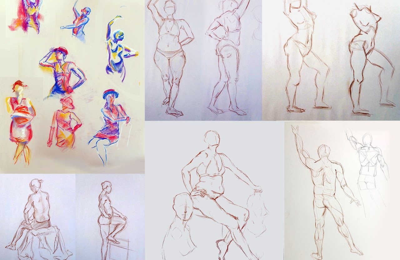 Gesture drawings in colored ink and red pencil.