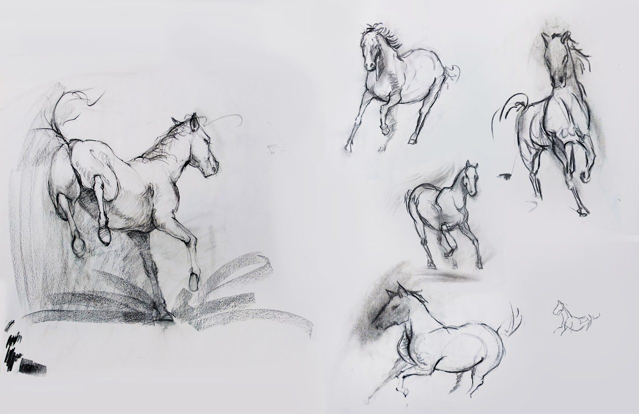 Charcoal sketches of running horses.