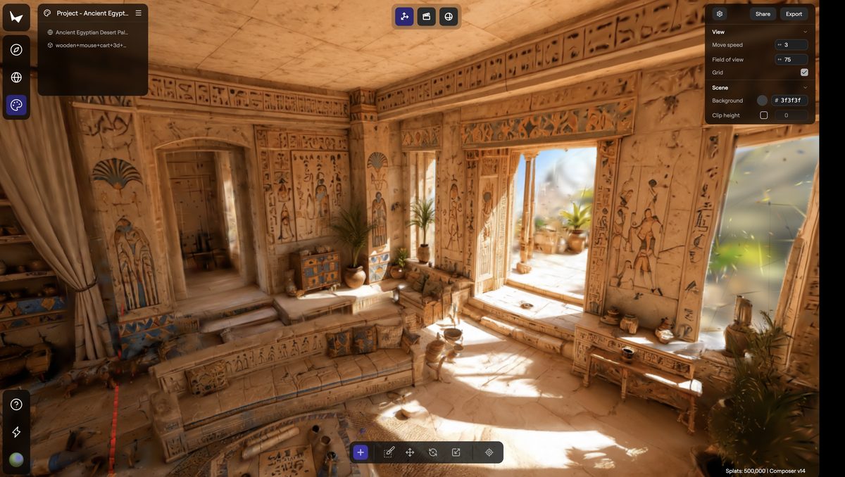 The Gaussian Splat world: an Ancient Egyptian room with columns and painted walls.