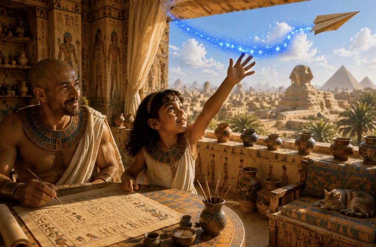 A scribe and his daughter in a sunlit room, a glowing paper airplane flying out of the window toward the pyramids.