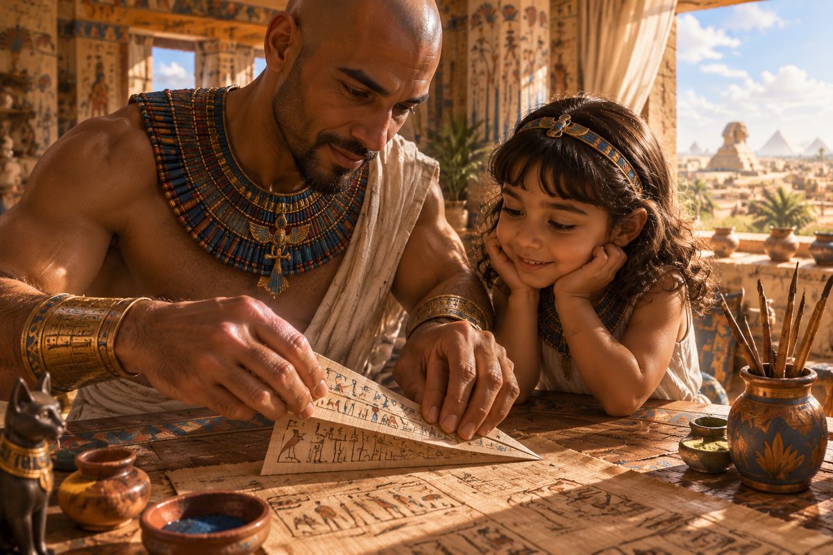 The father folding a papyrus airplane while his daughter watches.